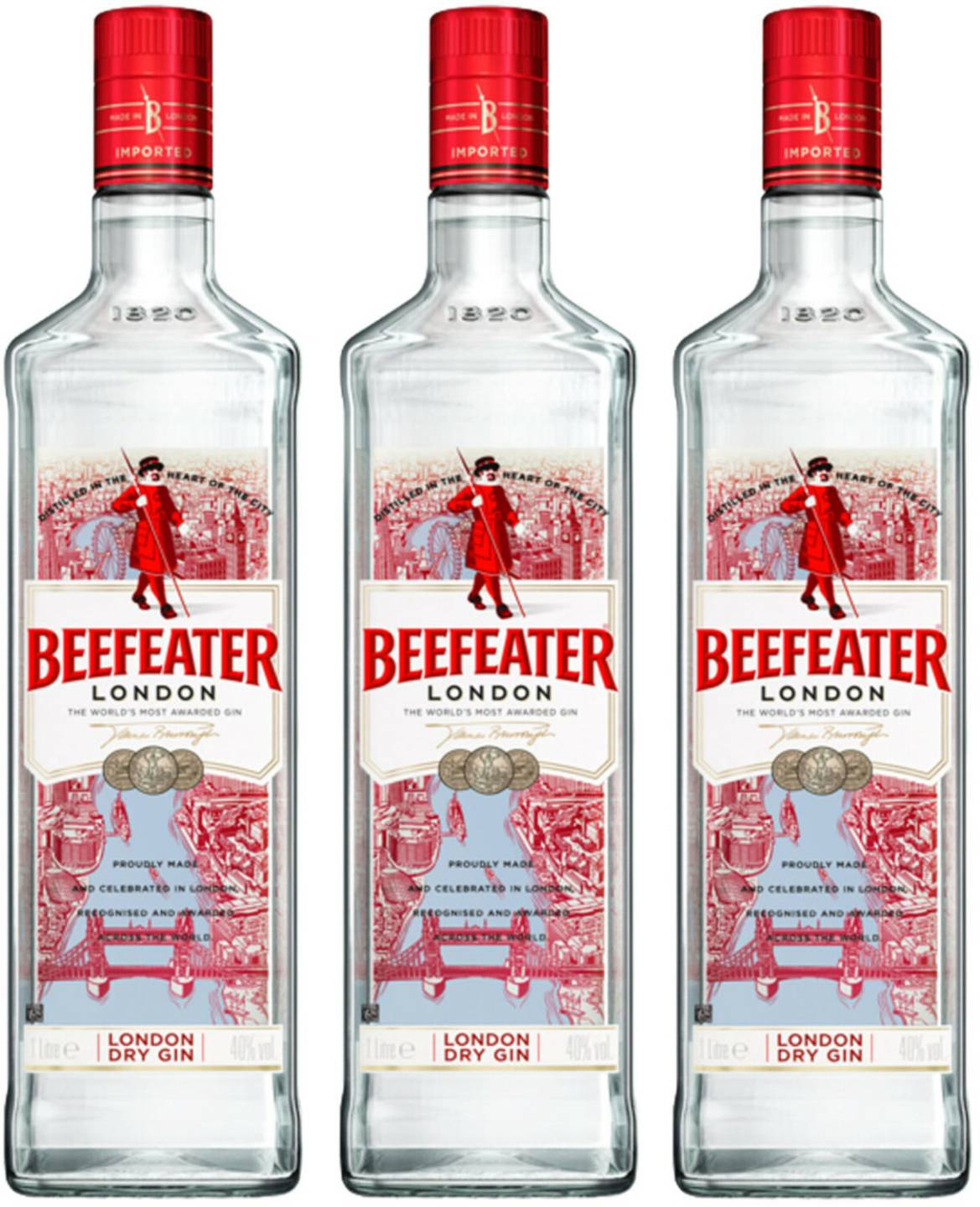 Beefeater Gin 3er Set, London Dry Gin 40 %, 3 x 1 L Gin