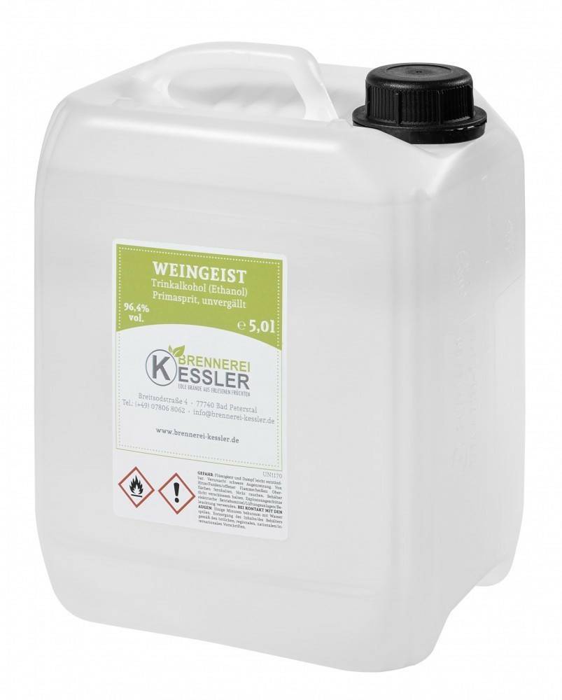 Brennerei Kessler Weingeist Trinkalkohol (Ethanol), Primasprit, unvergällt 96,4%5l Spirituosen & Schnaps