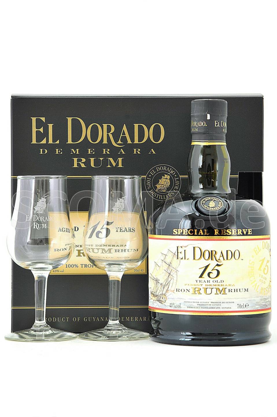 Rum El Dorado 15 Jahre 0,7l 43% Geschenkset mit 2 Gläsern