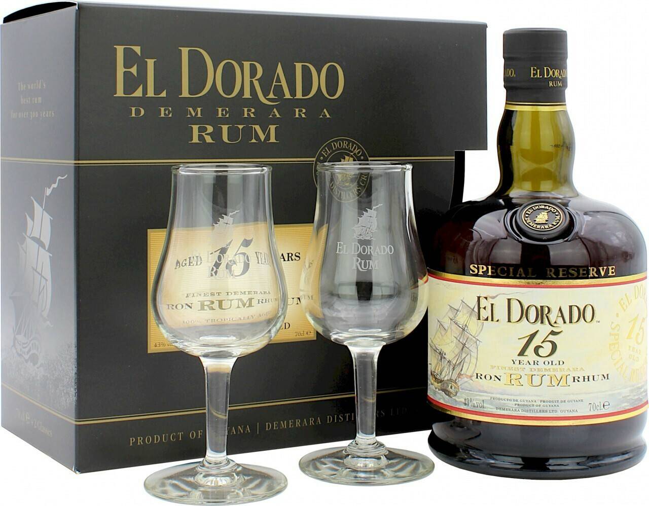 Rum El Dorado 15 Jahre 0,7l 43% Geschenkset mit 2 Gläsern